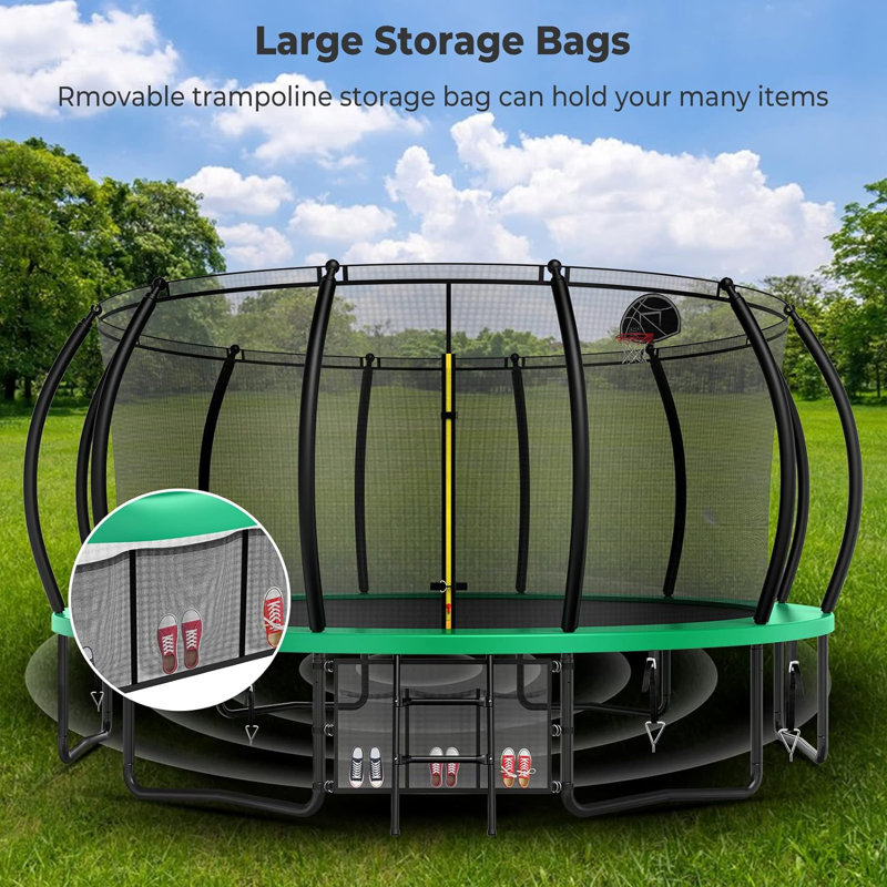 Sapphome Round Backyard Trampoline with Safety Enclosure, Green/Black