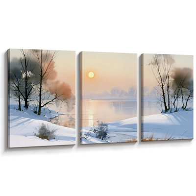 Paysage de rivière d'hiver avec arbres couverts de neige, images de salon, estampe numérique sur toile encadrée, 3 pièces - 16 po x 24 po x 3 pièces, 24 po x 36 po x 3 pièces