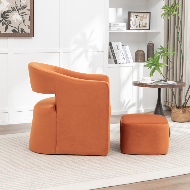 Kyah Upholstered Barrel Chair With Ottoman, Orange