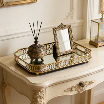 Plateau de coiffeuse rétro en or rétro avec poignées - Grand organisateur décoratif pour les parfums, le maquillage, les bijoux et les essentiels de salle de bain sur la commode ou le comptoir