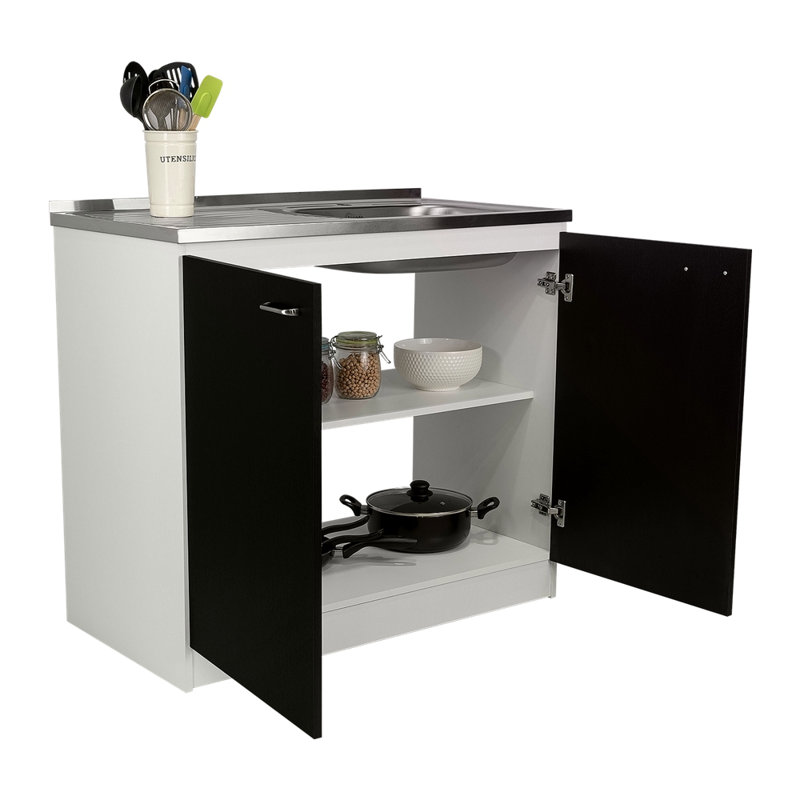 Évier utilitaire avec armoire, porte double, une tablette, Blanc/Noir, Petit étalement