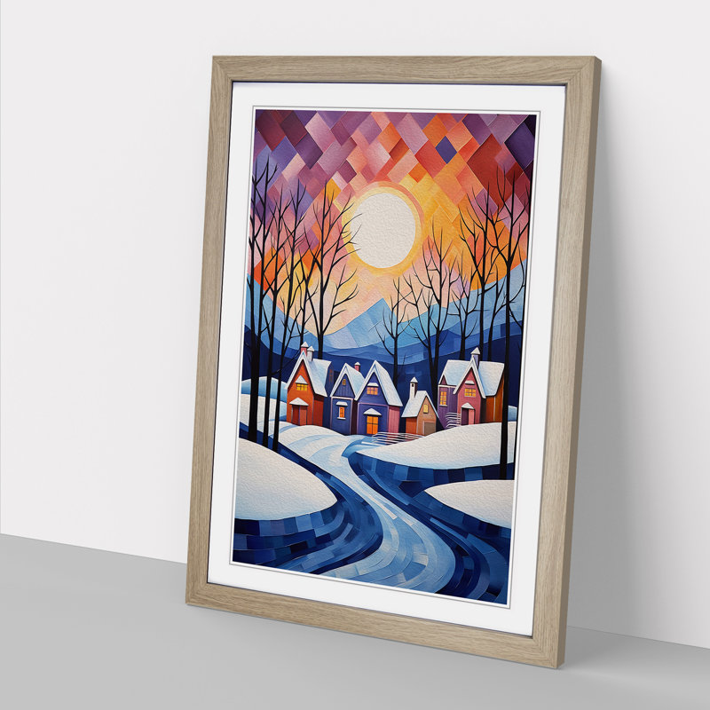 Winter Landscape Cubism No.3 - Single Picture Frame Print on Wood, 34cm H x 25cm W x 2cm D, Oak