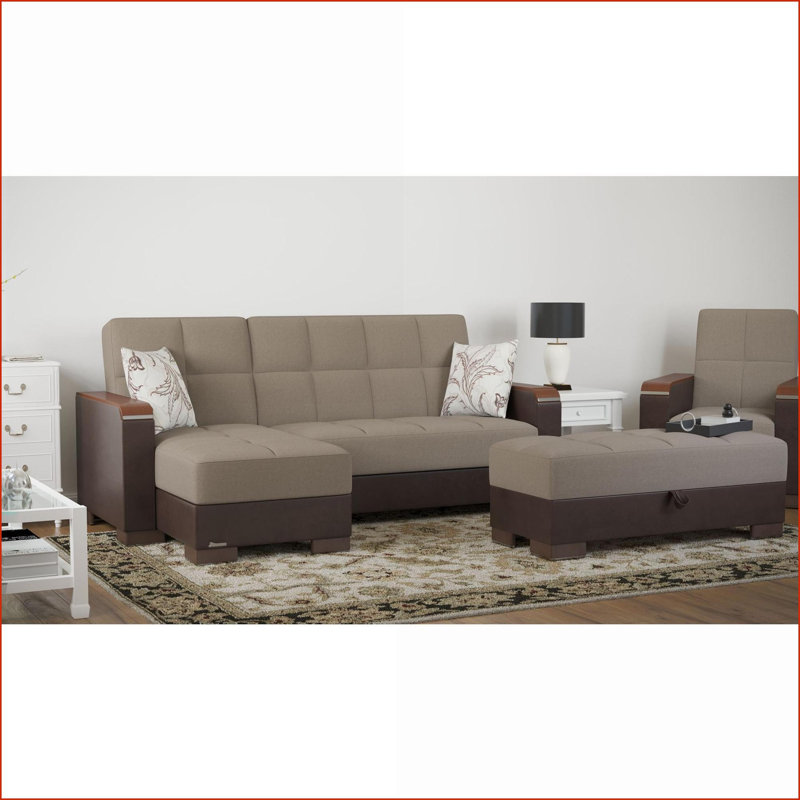 Repose-pieds convertible avec rangement, garniture en bois de chenille PU beige | Noyer brun | Compact pour les petits espaces