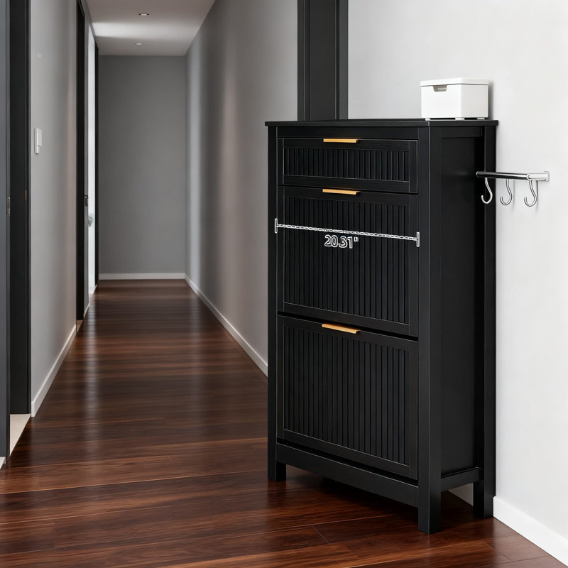 Flip-Drawer Shoe Cabinet For Entryway, Narrow Hidden Shoe Organizer With Adjustable Storage, Freestanding Wooden Shoe Rack For Hallway And Front Door