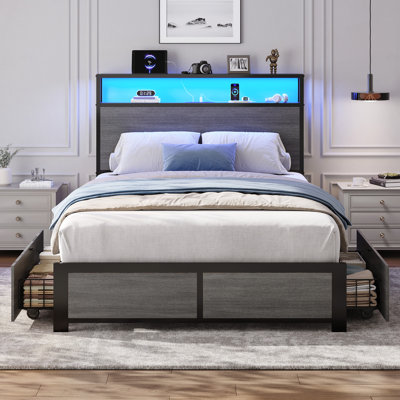 Twin Metal Platform Bed Frame with 2-Tier Storage Headboard,2 Storage Drawers, Built in Charging Station and LED, Noise-Free/No Box Spring Needed, Gray