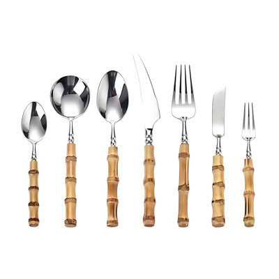 7 Piece Premium 304 Stainless Steel Cutlery Set With Natural Bamboo Handle - Knife Fork Spoon For Western Dining
