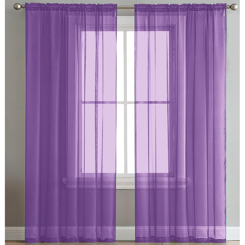 Sheer Window Rod Pocket Curtain Set 84" Inches Long (2 Panels), Purple
