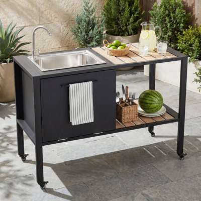 52'' Mobile Outdoor Kitchen Island with Stainless Steel Sink and Faucet, BBQ Prep Cart with Drop-Down Storage