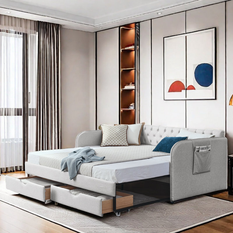 Tanikia Upholstery Daybed with Trundle, Pocket and 2 Drawers, Beige