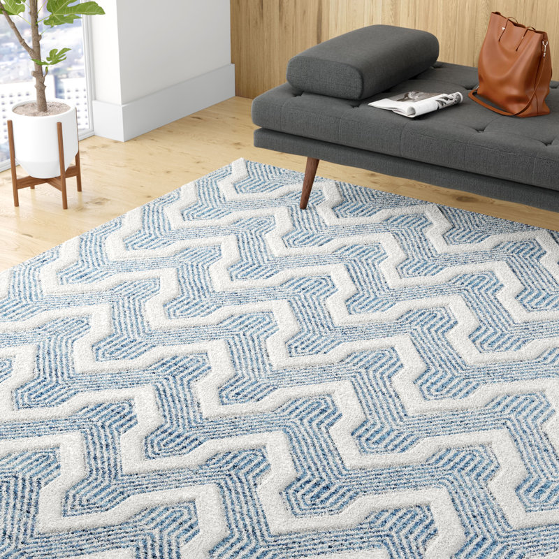 Langdon Geometric Handmade Flatweave Wool Blue/Ivory Area Rug, Rectangle 8'6" x 11'6"