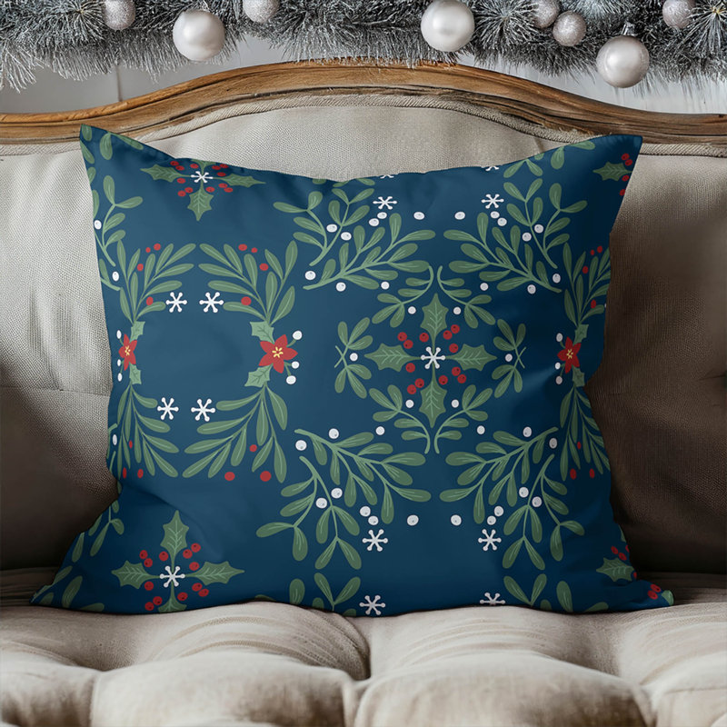 Coussin décoratif d'intérieur Winter Mistletoe, Bleu très foncé, Carré 16 po