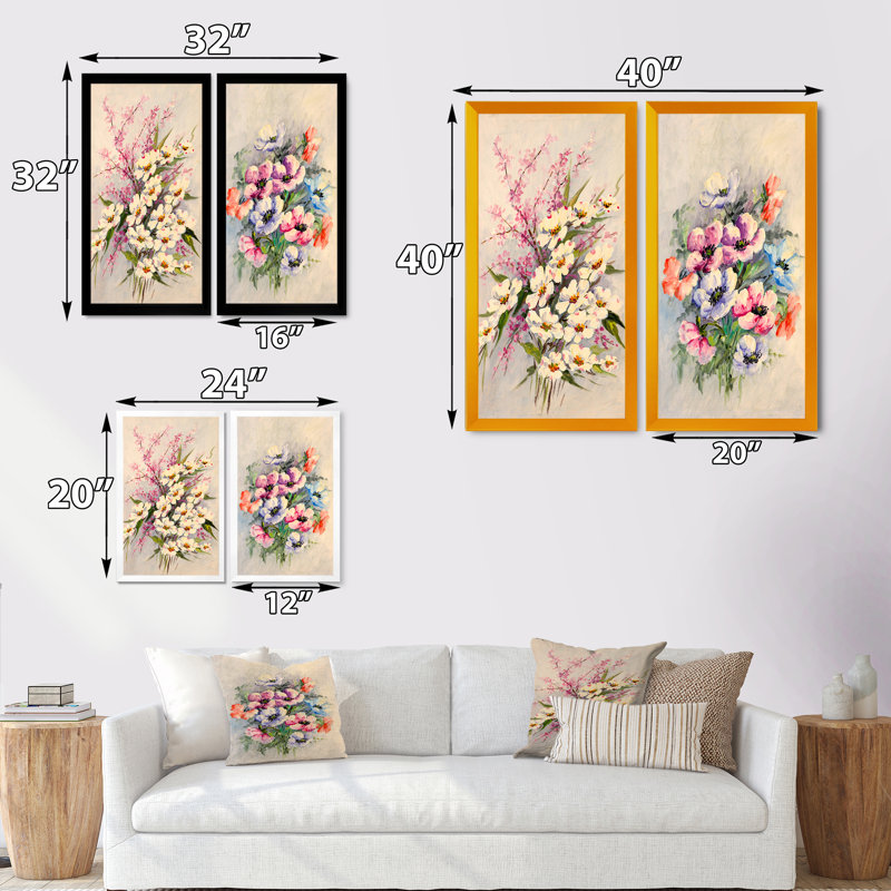 Bouquet de fleurs blanches romantiques - Ensemble de 2 peintures sur toiles, H 20 po x l 24 po x P 1 po, Cadre photo noir