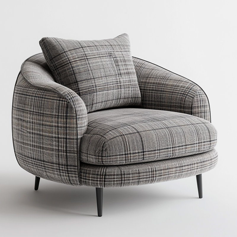 Petit fauteuil rembourré gris à motif écossais