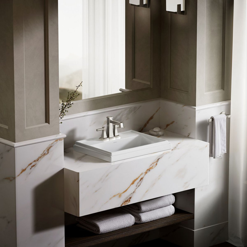 Tresham® Ceramic Rectangular Drop-In Bathroom Sink with Overflow, White, 4'' Centerset