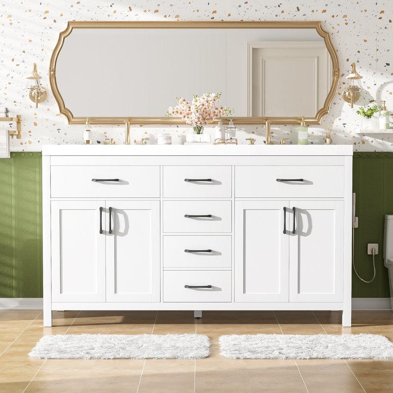 Meuble-lavabo double autoportant de 60 po avec structure en bois massif, deux lavabos SMC, 2 tiroirs rabattables, des organisateurs divisés et des tablettes réglables en forme de U