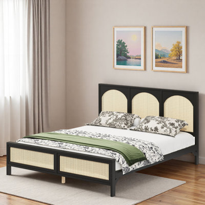 Wood Platform Bed With Rattan Headboard