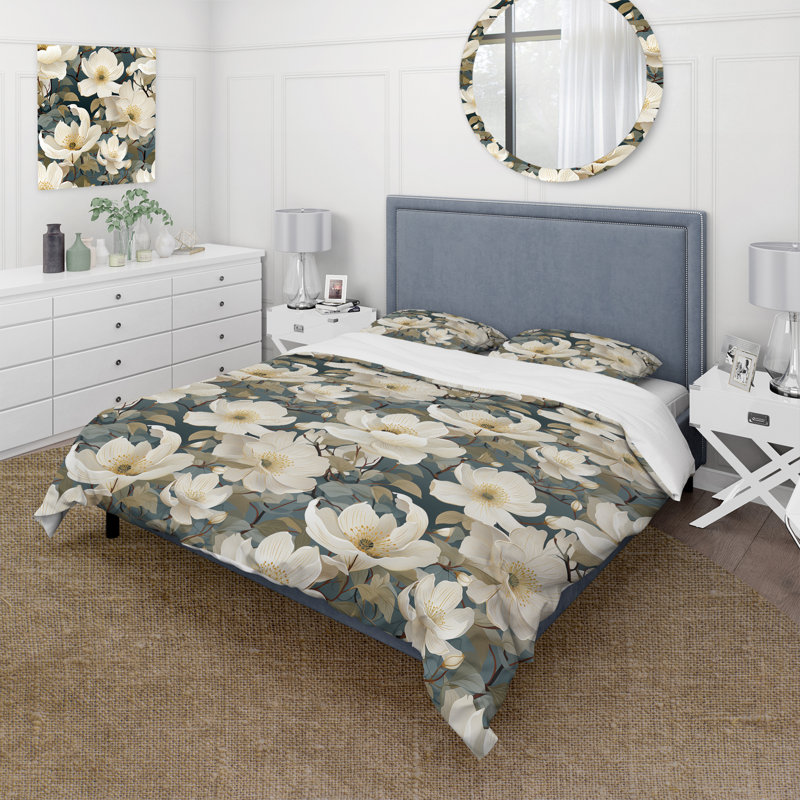 Ensemble de housse de couette fleurs blanches et vertes, Housse de couette pour grand lit et 2 taies décor