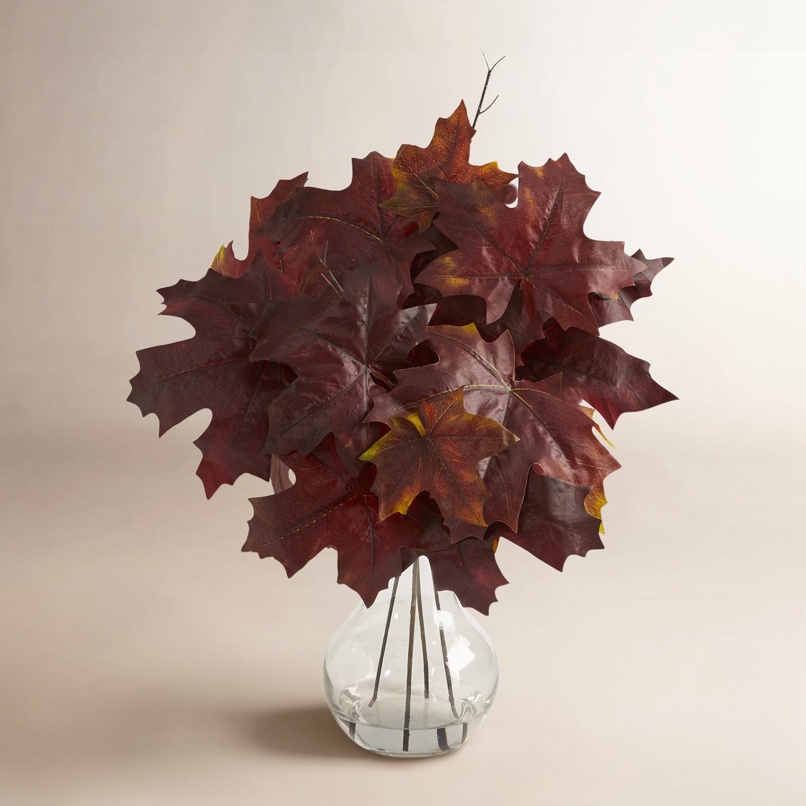 10'' Faux Maple Plant in Glass Vase, Burgundy
