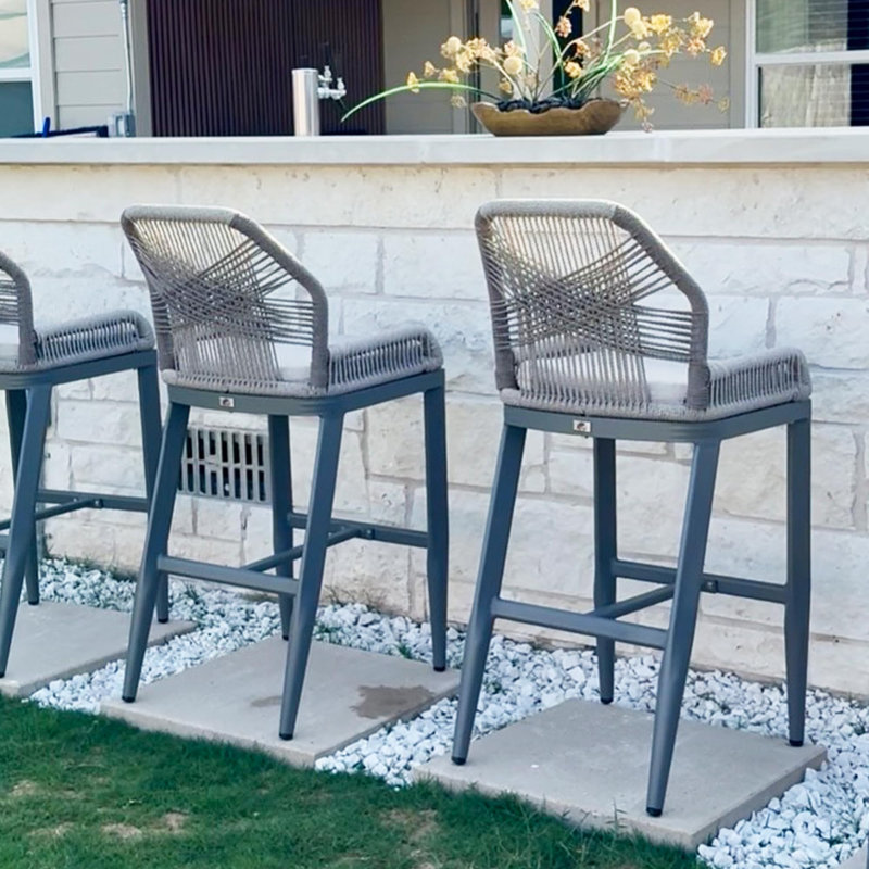 2-Piece Outdoor Bar Stools - Woven Rattan Seats & Aluminum Frames With Backrests, Drak Gray