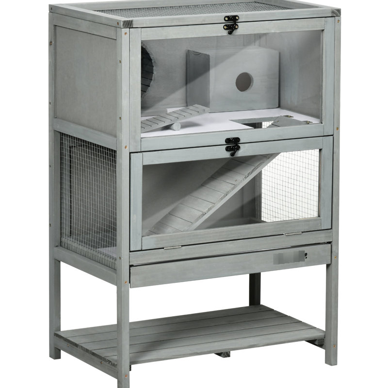 Cage à hamster en bois gris avec tablette de rangement et rampe, hauteur 35,5 po, pour 2 animaux de compagnie