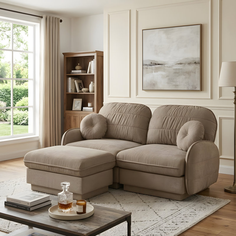 Canapé en L avec assise profonde et repose-pieds amovible, Light Coffee Chenille, H 37,4 po x l 73,2 po x P 57,8 po