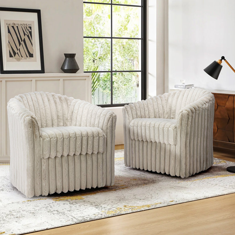 Aunna 78.2Cm Wide Swivel Barrel Chair, White Faux Fur