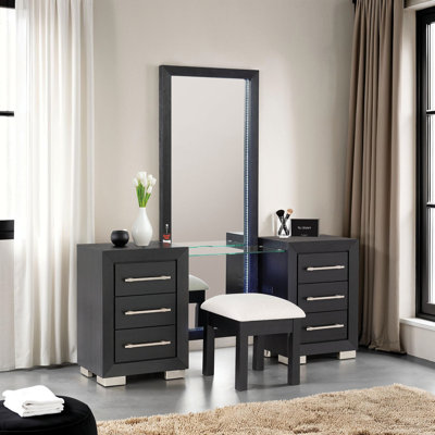 Contemporary Style 1pc Vanity w/ Stool Metal Legs USB Port Ball Bearing Glides Glass Top Full Length Mirror Black Finish Bedroom Furniture