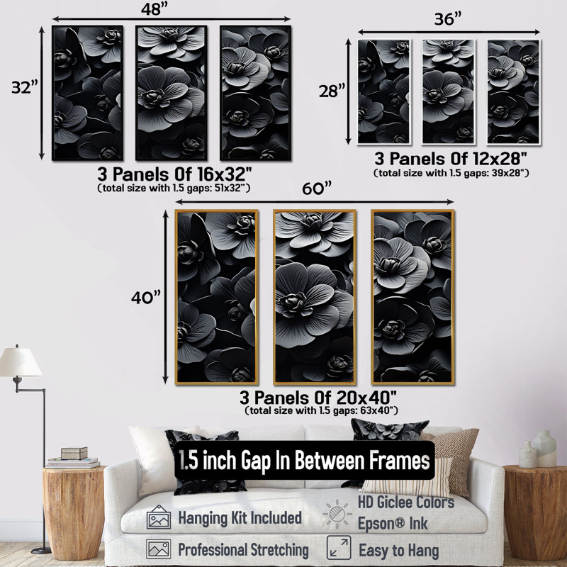 Pensées noires émergent de l'ombre I - Pensées, ensemble d'art mural, Cadre naturel flottant, H 32 po x l 48 po x P 1 po