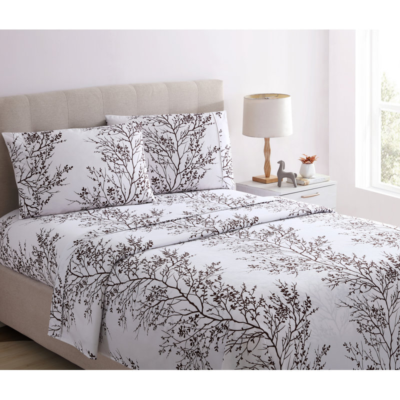 Foliage Microfiber Floral Sheet Set, Twin Sheet Set with Fitted Sheet and 1 Pillowcase, Ivory/Chocolate