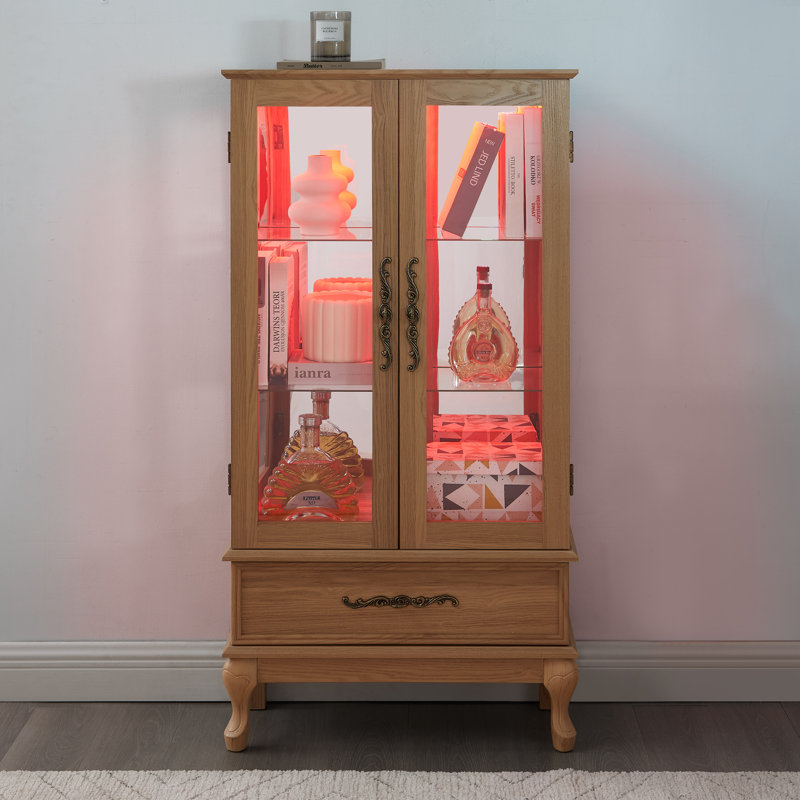 Vitrine lumineuse, vitrine avec tablettes réglables - armoire décorative 2 portes avec tiroir, rangement pour le vin et dossier en miroir, finition chêne clair