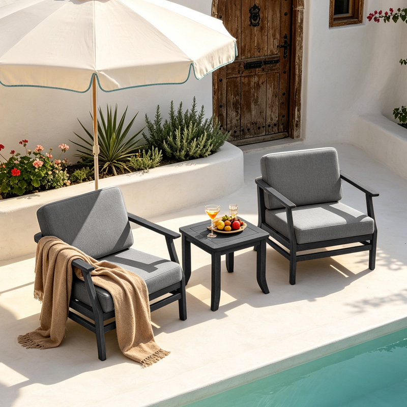 Polett Teak Outdoor Two-person Patio Set With Cushions And Side Table, Gray, Black, 3 Pcs: 2 Chairs, Table