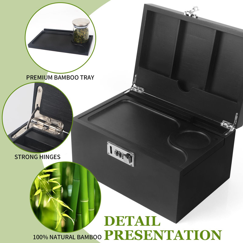 Large Black Bamboo Box With Combination Lock,Smell Proof Box With Detachable Compartment, Wooden Decorative Storage Box With Alright Jars & Brushes