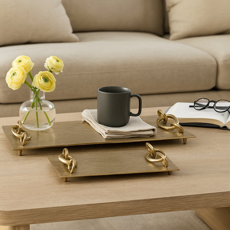 Decorative Metal Tray with Link Handle for Ottoman Decor - Home Decor Accent Tray for Coffee Table, Jewelry, Kitchen, or Trinket - Set of 2, 21", 14"
