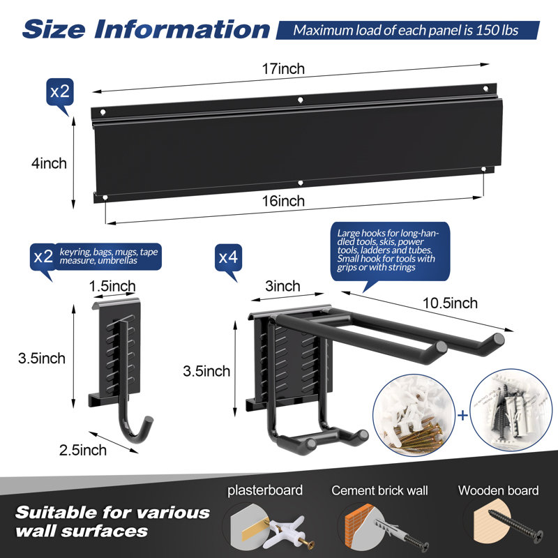 Heavy Duty Wall Mounted Tool Rack, Garage Storage Organizer System with 6 Double Hooks and 2 Rails