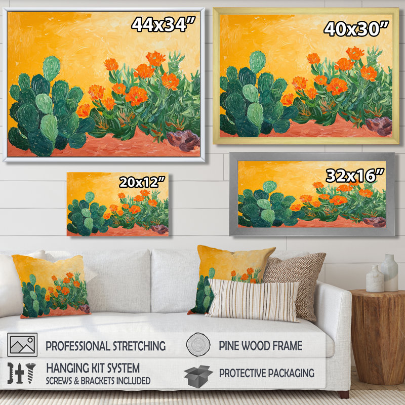 Orange fleur de cactus orange dans le désert de Mojave - impression de cactus floral, H 12 po x l 20 po, Toile tendue
