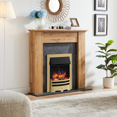FLAMEKO Verona Electric Fireplace Insert, Logs and Black Chips Included 2kW Heater, Bauhaus Fret with Spacer, Remote
