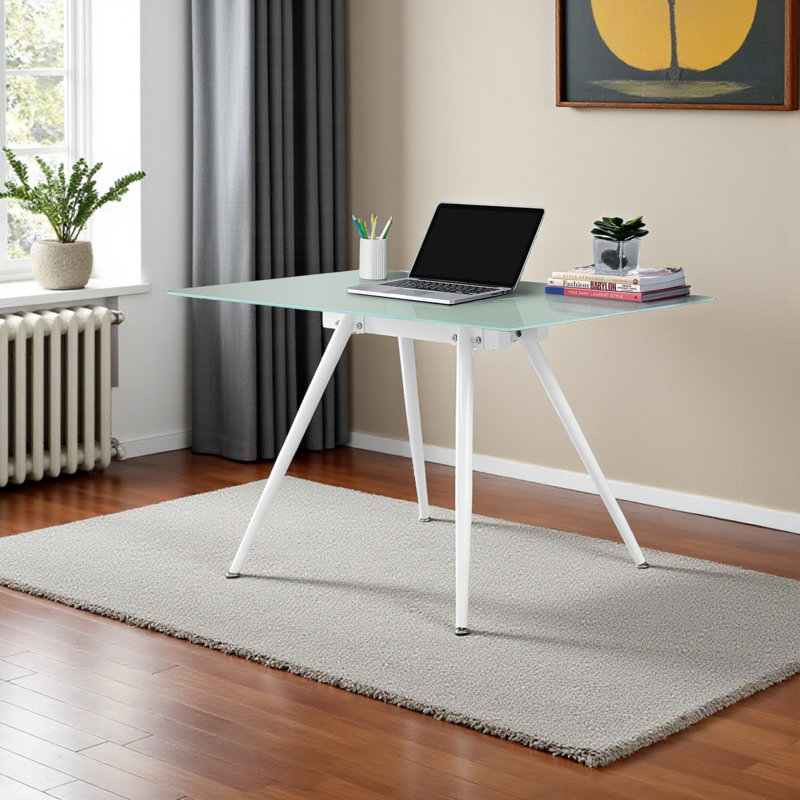 Home Office Desk, 47 Inch Rectangular Tempered Glass Top, White Metal