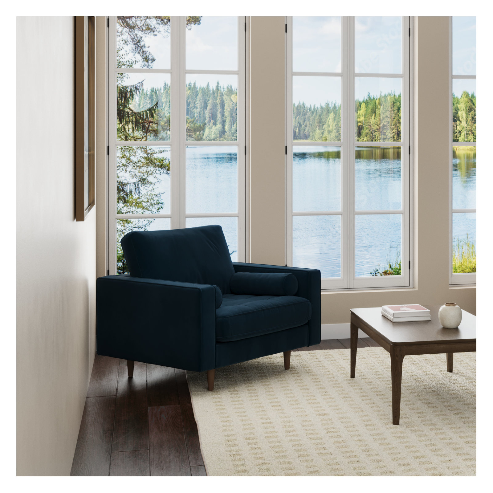 Geo Upholstered Armchair, Ink Blue Performance Velvet