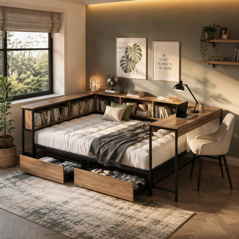 Structure de lit d'angle pour lit simple avec bibliothèque et 2 tiroirs de rangement sous le lit, lit simple moderne avec lumière DEL et station de charge