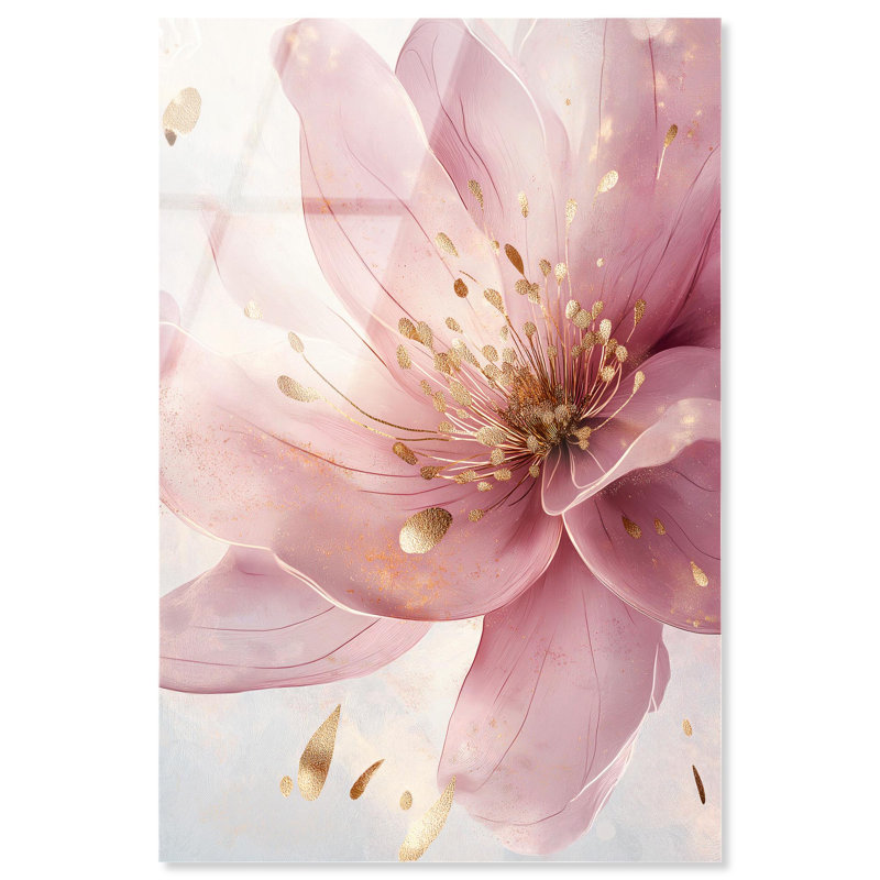 Art floral élégant en acrylique rose et doré par Art Remedy, prêt à être accroché, H 15 po x l 10 po