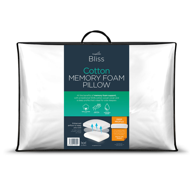 Blissful Cotton Memory Foam Pillow Zipped 100% Cotton Side Sleeper Firm 64x38cm