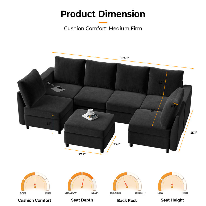 Canapé modulaire 7 pièces VINGLI, Chenille noir