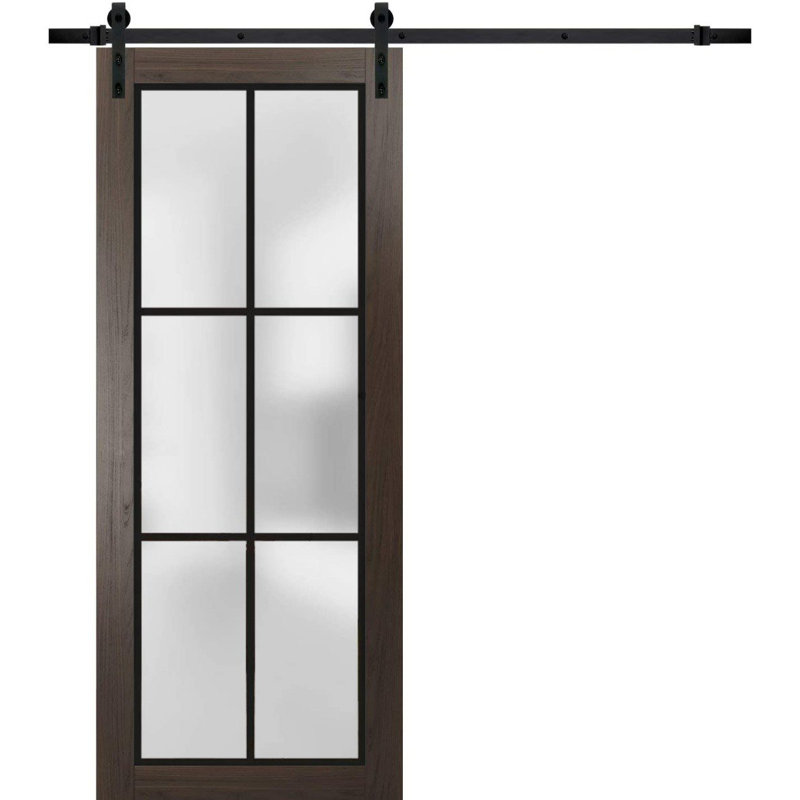 Porte de grange robuste en verre trempé givré | Planum 2122 | Ensemble de quincaillerie lourde pour cintres 6,6 pi noir | Portes intérieures modernes à panneau solide - Rail noir
