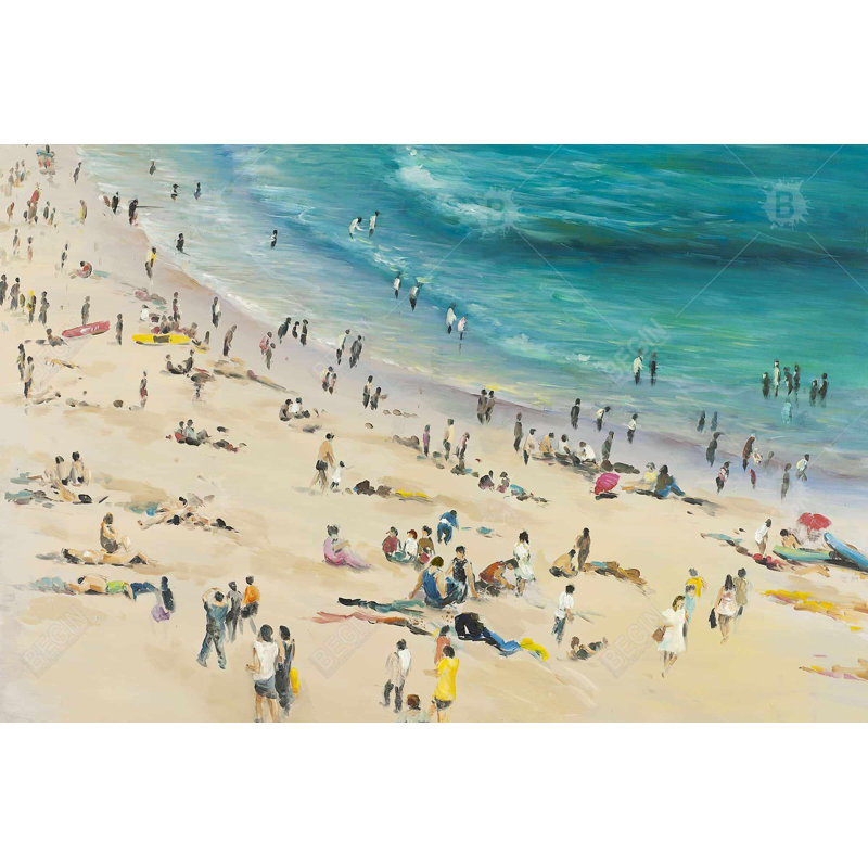 Foule d'été à la plage - Toile turquoise pour la décoration intérieure