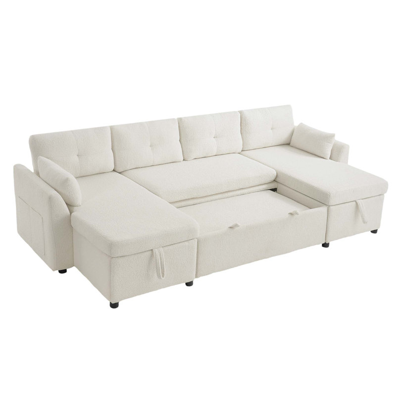 Modern U-Shaped Sectional Sofa with Sleeper Bed and Hidden Storage, Beige