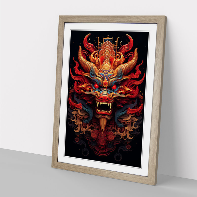 Chinese Dragon Geometric No.3 - Single Picture Frame Print on Wood, 34cm H x 25cm W x 2cm D, Oak