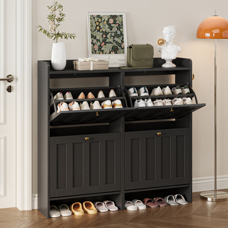 30 Pair Freestanding Large Capacity Shoe Cabinet With 4-Drawer Flip-Front Shoe Storage Cabinet.  , Black, 4 Flip Drawers
