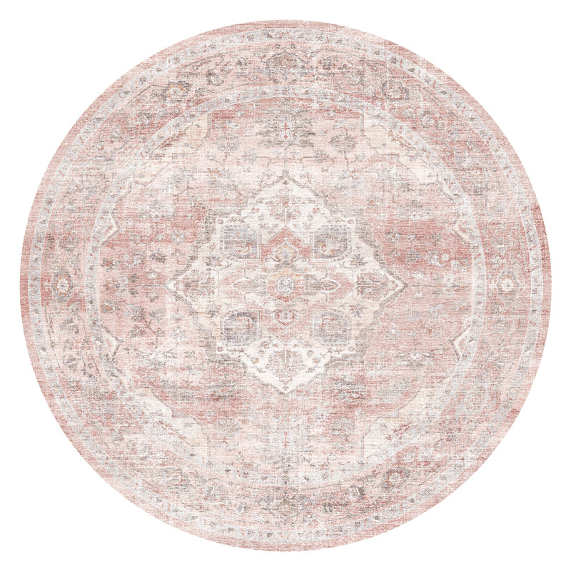 Tapis oriental rose lavable à la machine , Rose / ivoire / gris, Rond 6 pi