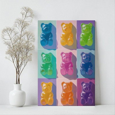 1Pc Framed Canvas Poster Print Rainbow Bear, Candy Color Scheme, Pop Art Style Wall Art Wall Pediments, Wall Decor, Perfect for Room Decor Living Room