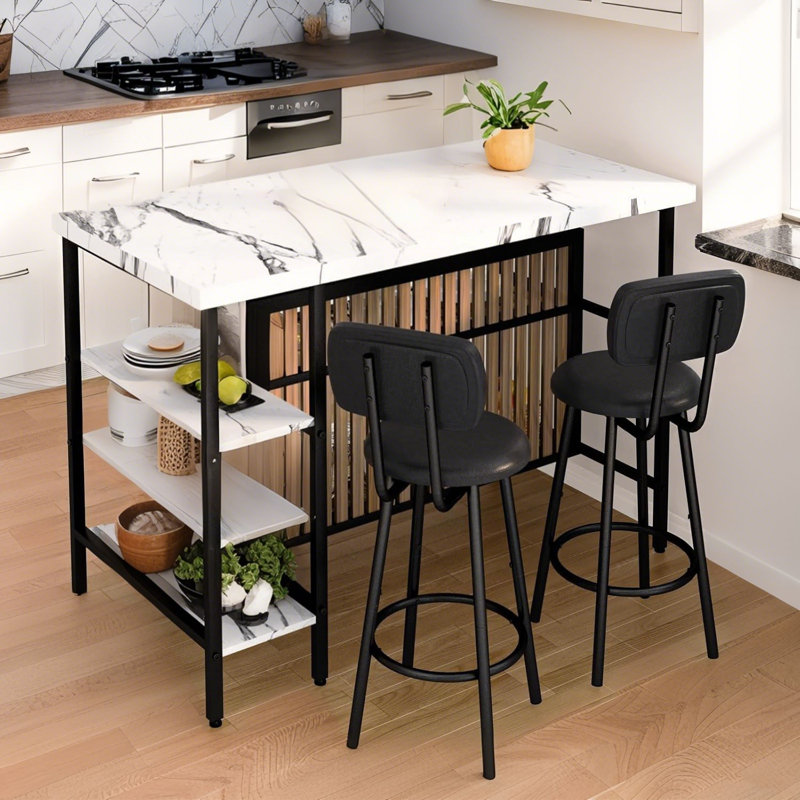 3-piece Dining Room Table And Chairs Set For 2, Kitchen Island With Storage Small Dining Table With 5 Storage Shelves, Modern Bistro Table And Chairs Set With 2 Pu Stools For Apartment, Small Space